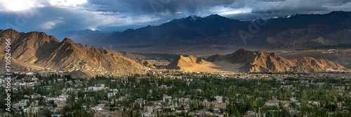 Panoramic view of Leh City surrounded by mountains in Ladakh district, India. photo