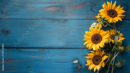 Flores de girassol amarelo em cima de uma tábua de madeira azul visto de cima - Papel de parede 
