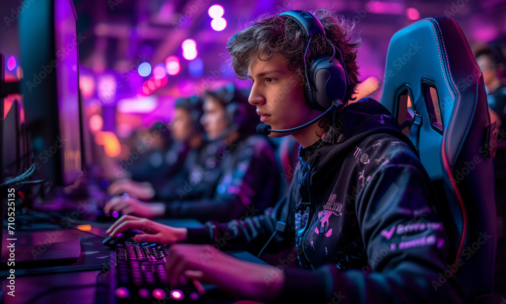 Cybersport team concept. Portrait young man pro gamer with headphones playing in online video game in tournament, neon color, soft focus Cybersport team concept. Portrait young man pro gamer with headphones playing in online video game in tournament, neon color, soft focus