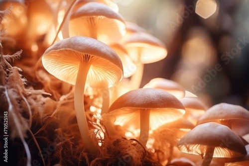 Macro photography of colorful mushrooms on tree.