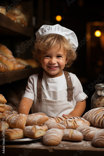cooking, culinary and profession concept - happy smiling little boy costplay cook