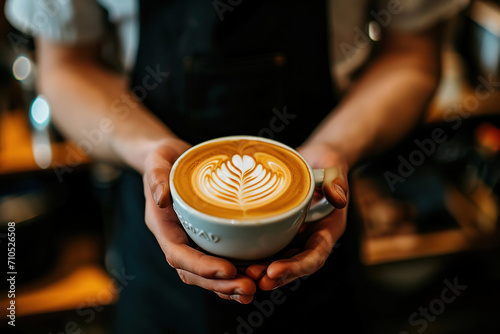 The barista hands you a cup of latte in a coffee shop. photo