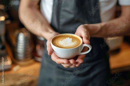 man barista holding coffee cup with latte in cafe