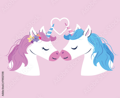 Beautiful Unicorns for St. Valentine s Day on pink background. Magical unicorn vector illustration with glitter. Vector characters for birthday  invitation  kids t-shirts and stickers