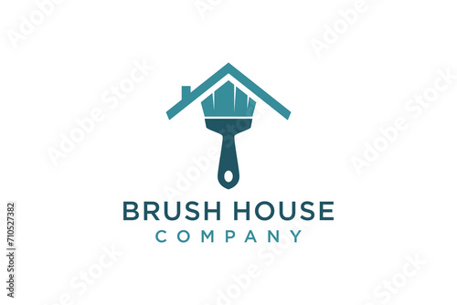 Brush and roof logos, house wall and roof painting services, building waterproofing services. Illustration icon symbol.