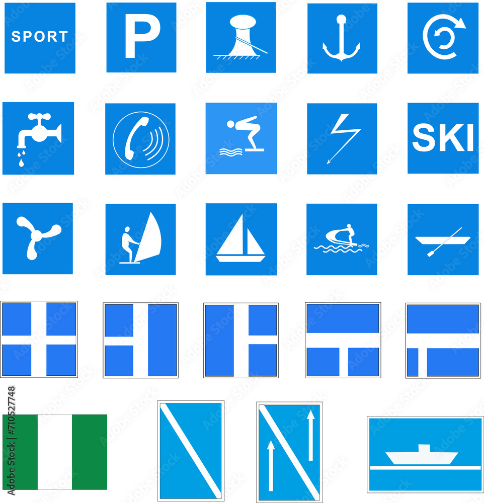 Panneau de code de navigation fluviale : Ensemble de panneaux d'autorisation et d'avertissement	