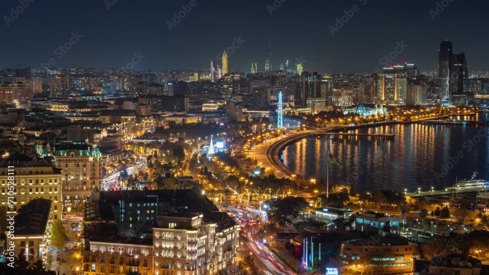Aerial view timelapse of Baku city modern landmarks at night, Baku Azerbaijan 4K Aerial view timelapse of Baku city modern landmarks at night, Baku Azerbaijan 4K