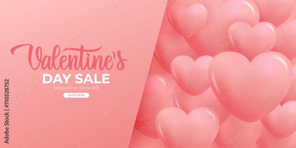 Valentine's Day Sale commercial banner with cute 3d glossy hearts for holiday shopping promotion and advertising. Valentines Day discount banner. Hand Lettering. Vector illustration.