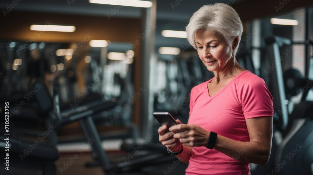 Senior Woman Using Fitness App in Gym. active senior woman smiles while using a fitness application on her smartphone in a well-equipped gym, representing health and technology. Senior Woman Using Fitness App in Gym. active senior woman smiles while using a fitness application on her smartphone in a well-equipped gym, representing health and technology.