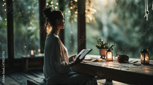Meditative Yoga Practice with Goal Setting. person meditates in serene, warmly lit setting with fairy lights, focusing on setting intentions and personal goals during yoga session. photo