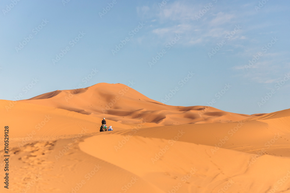 View of a berber bedouin walking across the Sahara Desert with a camel in Merzouga, Morocco. View of a berber bedouin walking across the Sahara Desert with a camel in Merzouga, Morocco.
