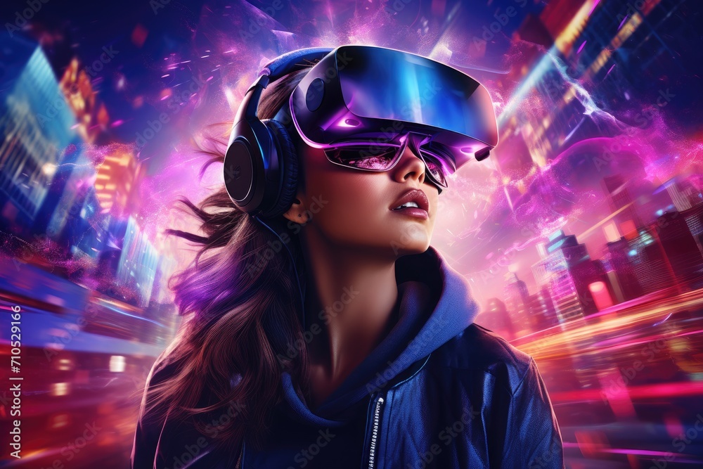 A woman fully immersed in a virtual reality experience while wearing a cutting-edge headset, A woman wearing virtual reality goggles, immersed in a game, AI Generated