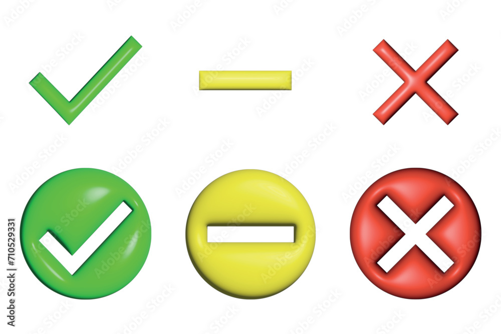 yes and no marks 3D. a set of icon markers red, yellow, green. check ...