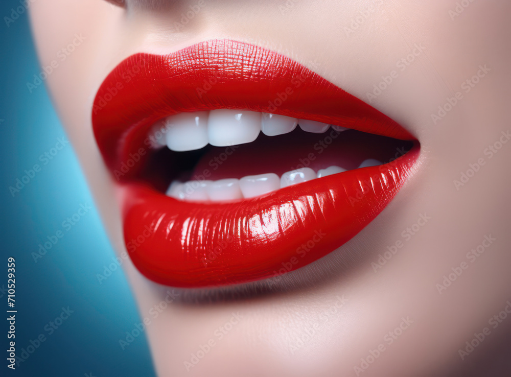 Obraz premium Red Lips of Desire: A Sensual Closeup of a Young Woman with Perfectly Glossy and Bright Red Lips, Expressing Glamour and Sensuality against a White Background