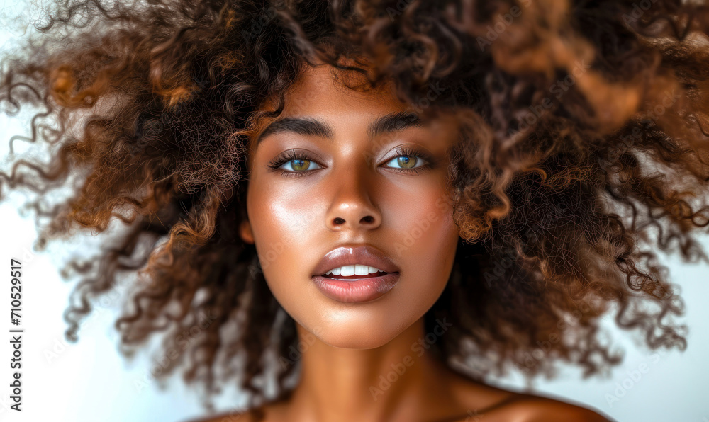 Portrait of a beautiful African American woman with voluminous curly ...