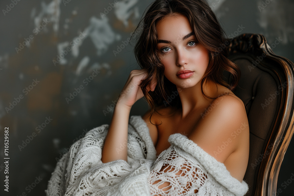 Fototapeta premium Serene beauty wrapped in a cozy knitted throw