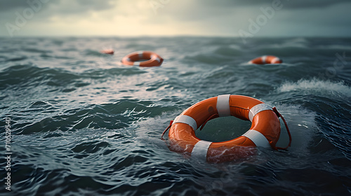 Lifebuoy floating on sea in storm weather