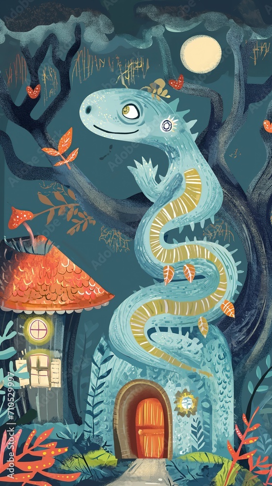 grungy noise texture art, blue lizard in forest with cute house and tree , whimsical fantasy fairytale contemporary creative illustration, 9:16 ratio vertical, Generative Ai