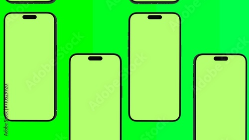 Mobile Phone Pattern with Green Screen on green background flat lay. Group of Smartphones. Brand Identity, Business Cells Advertising and Social Posts 3D render