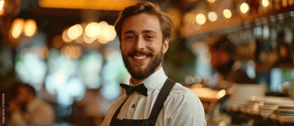 waiter man in uniform serve and get order in ruxury restaurant