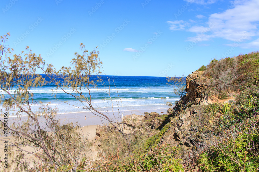 A Tranquil Beach Scene with Lush Greenery and Blue Waters