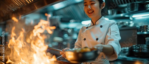 chef woman in uniform cooking in kitchen in ruxury restaurant