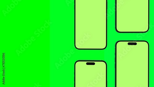 Mobile Phone Pattern with Green Screen on green background flat lay. Group of Smartphones. Brand Identity, Business Cells Advertising and Social Posts 3D render