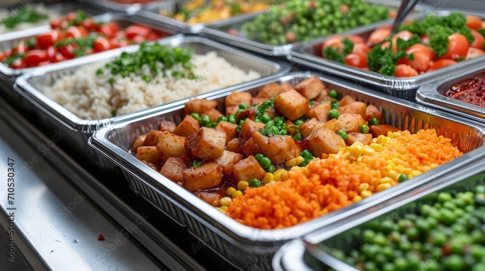 A buffet worker at a hotel with a halal kitchen buffet wearing protective gloves prepares a variety of salads and side dishes, placing the ingredients in large black containers. Concept: catering 