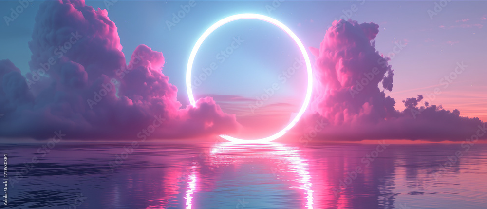 Surreal Dreamscape: Ethereal Neon Circle Casting a Radiant Glow Over a Calm Ocean at Twilight