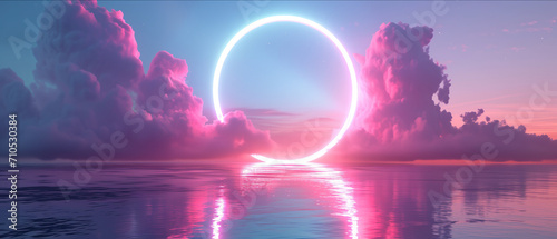 Surreal Dreamscape  Ethereal Neon Circle Casting a Radiant Glow Over a Calm Ocean at Twilight