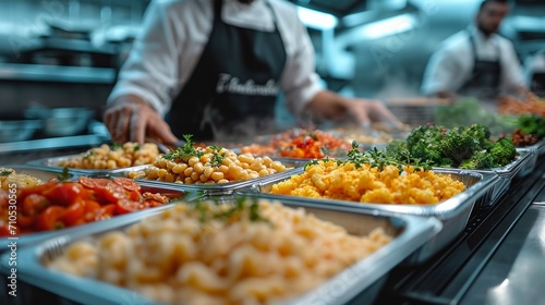 A buffet worker at a hotel with a halal kitchen buffet wearing protective gloves prepares a variety of salads and side dishes, placing the ingredients in large black containers. Concept: catering  photo