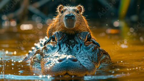 A crocodile is swimming in the river and a capybara is standing on the back of the crocodile