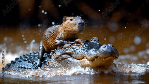A crocodile is swimming in the river and a capybara is standing on the back of the crocodile