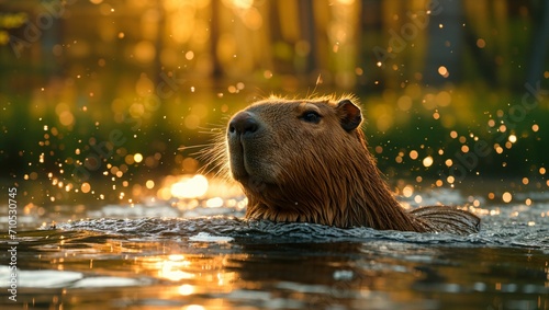 capybara swimming in the lake photo