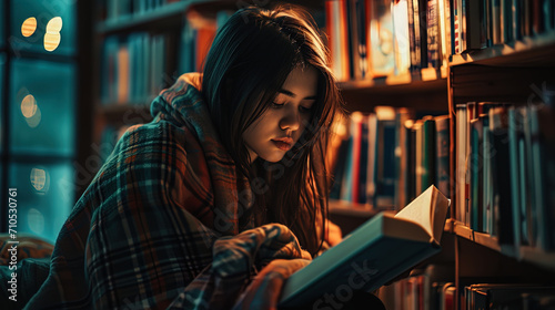A girl with a cozy blanket reading a book in the corner of the library, enjoying silence and atmos photo