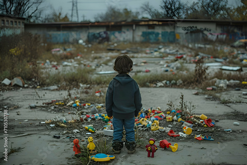 Abandoned child playing in the park alone nobody take care of him. Sad boy. 