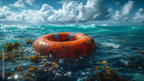 A red rubber ring floats in the middle of the ocean and is full of floating debris