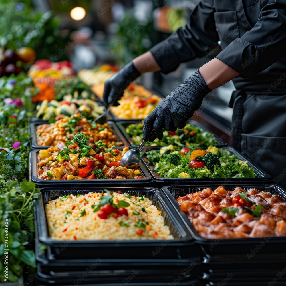 A buffet worker at a hotel with a halal kitchen buffet wearing ...