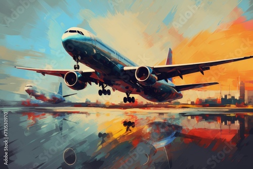 A vibrant painting capturing the thrilling moment of an airplane lifting off from a runway, Airplanes symbolizing international business travel, AI Generated