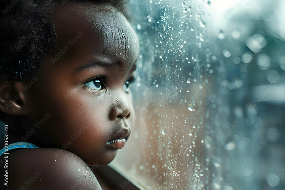 Obraz premium An african american boy abandoned at home alone. Sad waiting for parents come home.