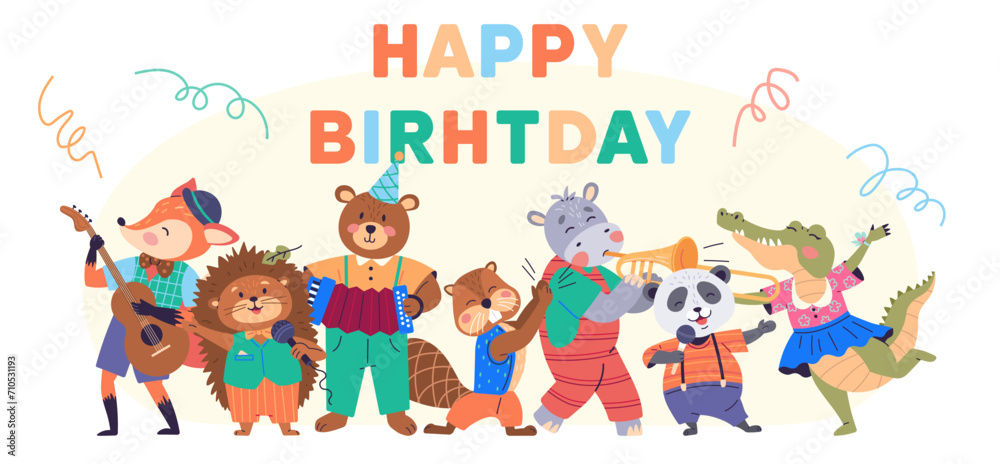 Animal party vector illustration. The wildlife banquet is cheerful anniversary celebration creatures in forest Celebrate with happy beasts as meadow transforms into lively animal. Happy birthday