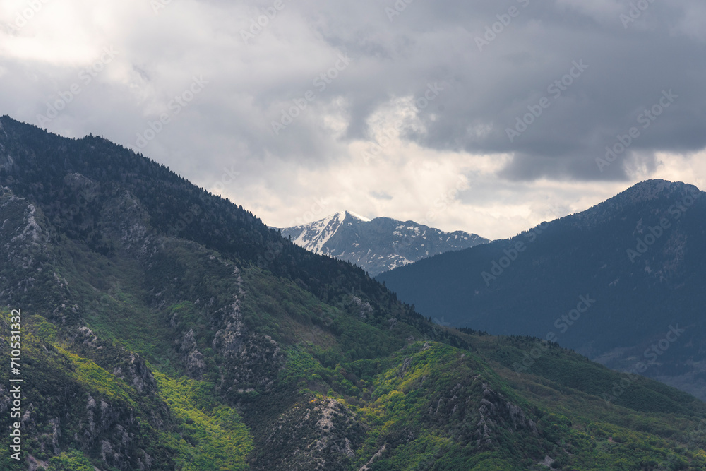 View of mountain landscape with snow on top from Meteora valley, Trikala, Thessaly, Greece. View of mountain landscape with snow on top from Meteora valley, Trikala, Thessaly, Greece.