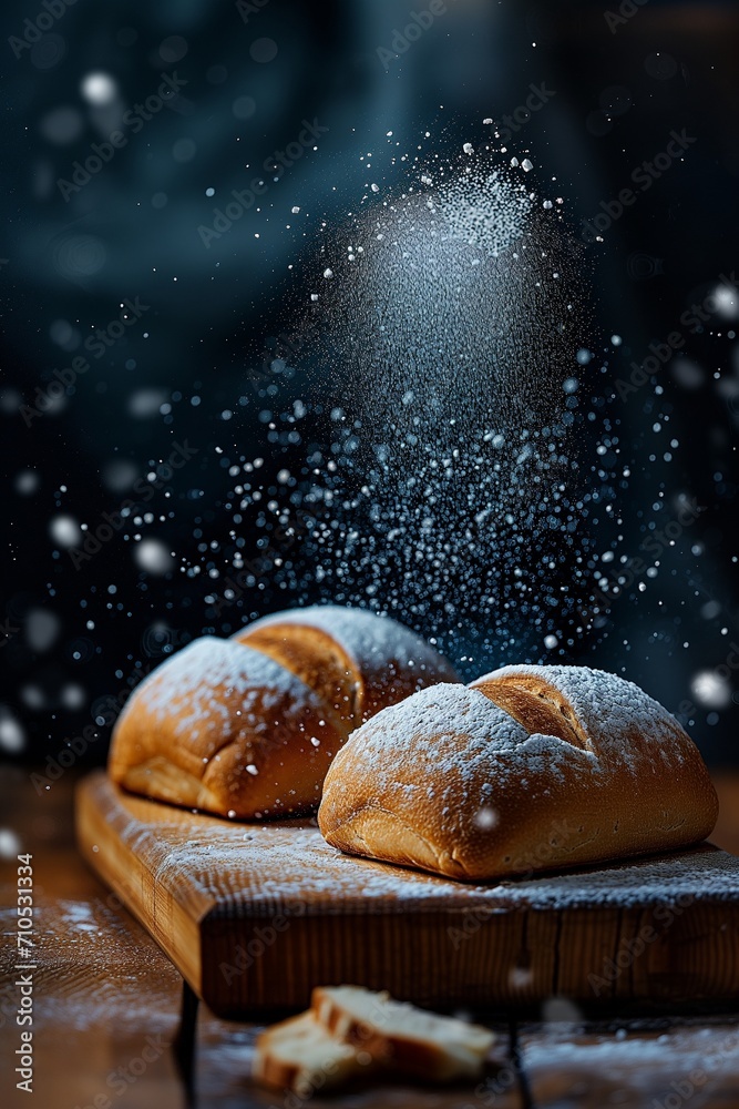 Freshly baked traditional bread in a sprinkle of flour. Yeast-free rye bread on the kitchen table, close-up. Dark blue background. Rustic style. Freshly baked traditional bread in a sprinkle of flour. Yeast-free rye bread on the kitchen table, close-up. Dark blue background. Rustic style.
