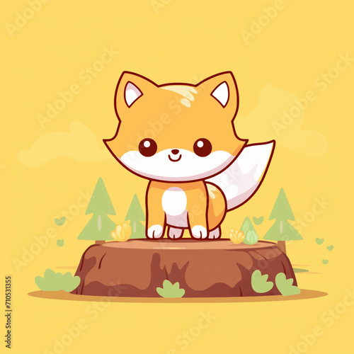 a cheerful fox on a log with vibrant color