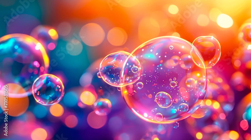 Vibrant soap bubbles floating in a colorful universe, reflecting light and creating a playful and magical atmosphere, symbolizing joy and ephemeral beauty photo