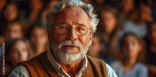 an older man speaks at the front of a class of pupils, in the style of photo-realistic landscapes, joyful and optimistic, vray tracing, romantic academia, photo-realistic hyperbole, studyblr photo