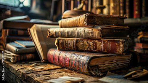 Ancient vintage books and scrolls with dust of time on an old wooden table, creating an atmosphere photo