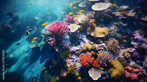 A colorful coral reef of warm or Caribbean seas with many bright colors and small beautiful fish.aerial view of beautiful underwater coral reef with fish