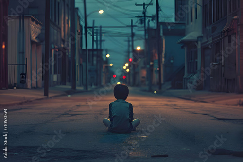 Abandoned child  sitting in the street at night time.