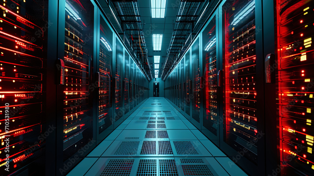 Asymmetrically located servers in the room with thoughtfully placed cables creating order and orga Asymmetrically located servers in the room with thoughtfully placed cables creating order and orga